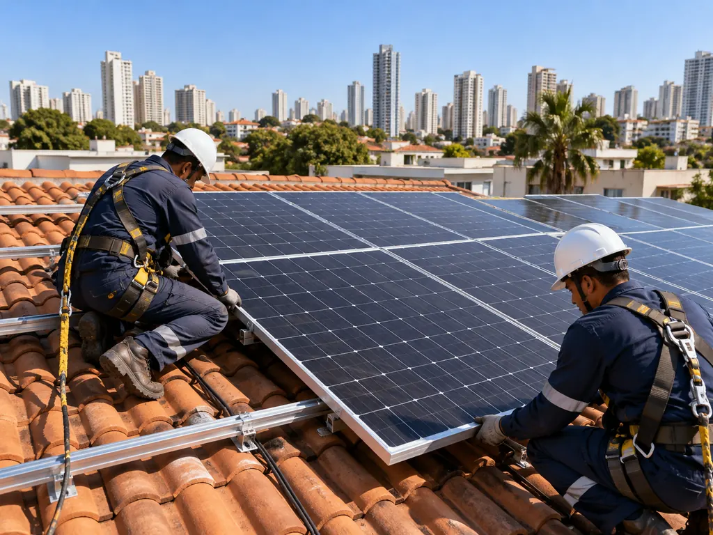 Instaladores com cinto de segurança fixando painéis solares em um telhado de cerâmica